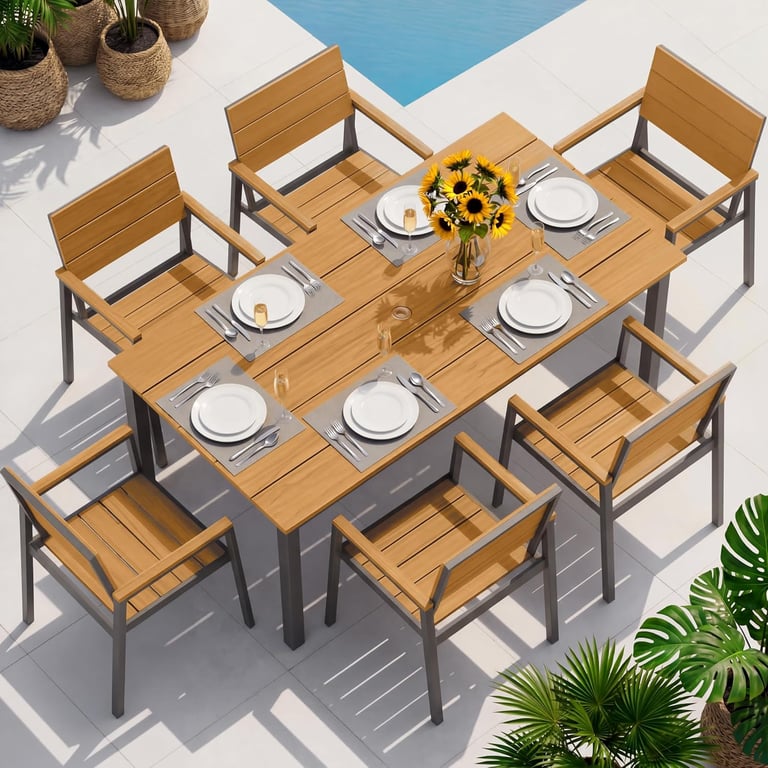Modern wood patio dining set with six chairs and a rectangular table set for dinner by a pool.