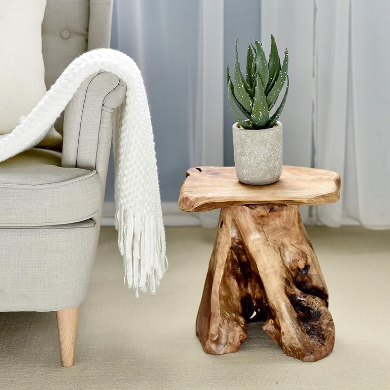 Rustic teak root side table with a potted succulent next to a cozy beige armchair and white knit throw blanket.