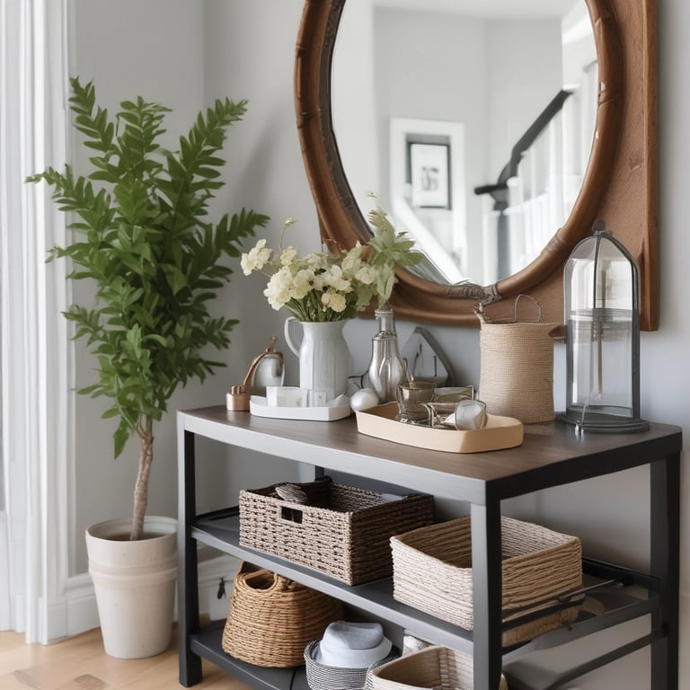 Entryway console table with mirror, woven baskets and white ceramic pieces