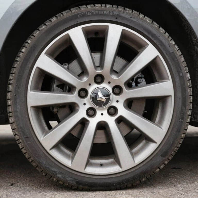 Before and after split of a dirty wheel rim transformed into a sparkling, brake-dust-free component with a satin metallic finish.