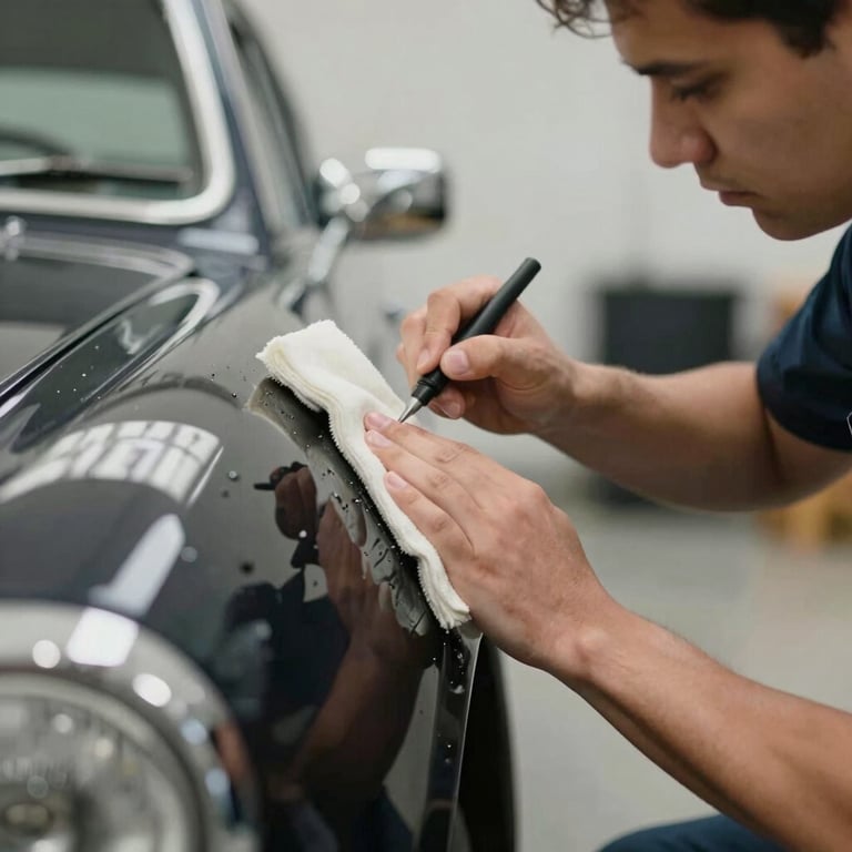 A technician carefully applying a high-grade wax to a vintage car's fender using a microfiber applicator, focus on precision and craft.