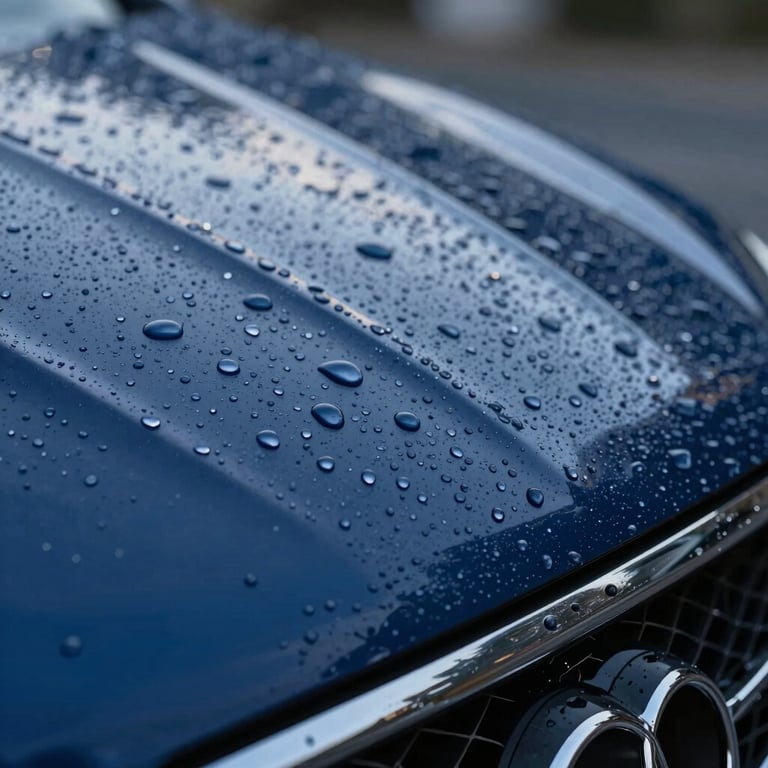 Macro shot of water droplets perfectly beading on a ceramic-coated hood, showing the hydrophobic effect. Professional studio lighting with deep blue reflections.