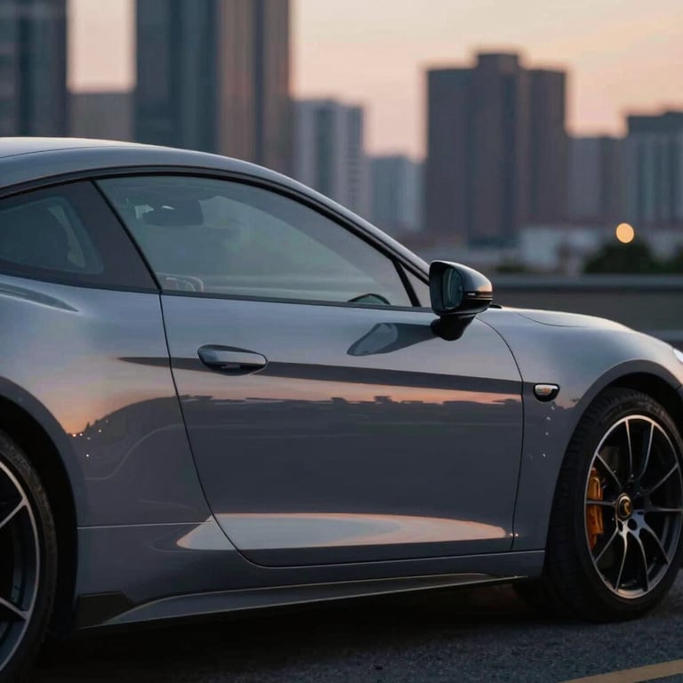 A side-profile shot of a polished sports car reflecting the urban skyline at twilight, showcasing the mirror finish and meticulous shine.