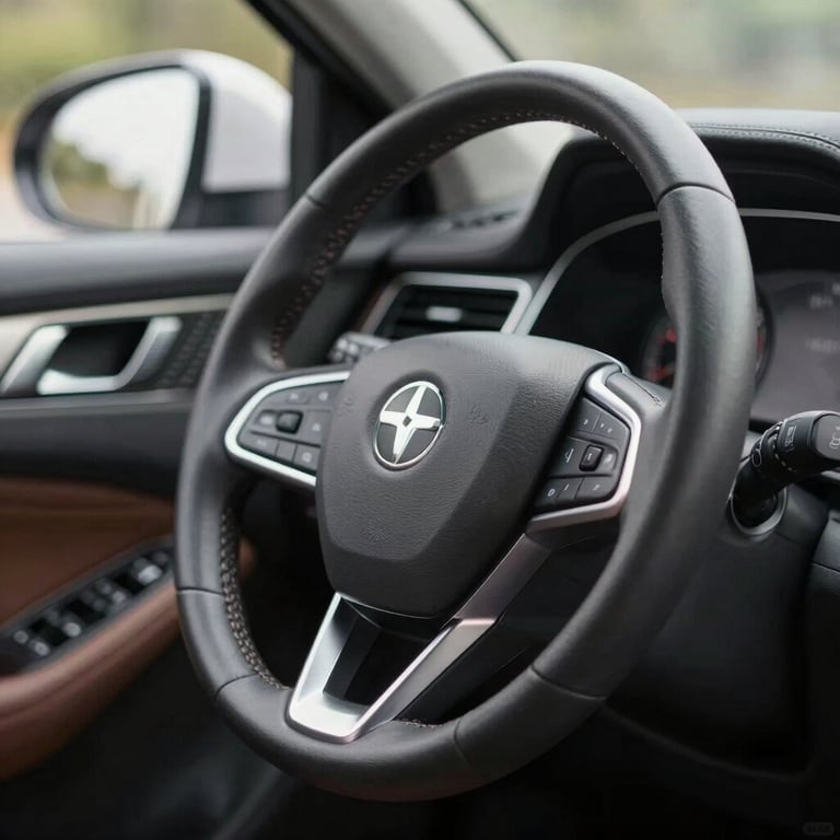 Interior shot of a leather steering wheel and dashboard, looking incredibly clean and supple, highlighting premium leather care.