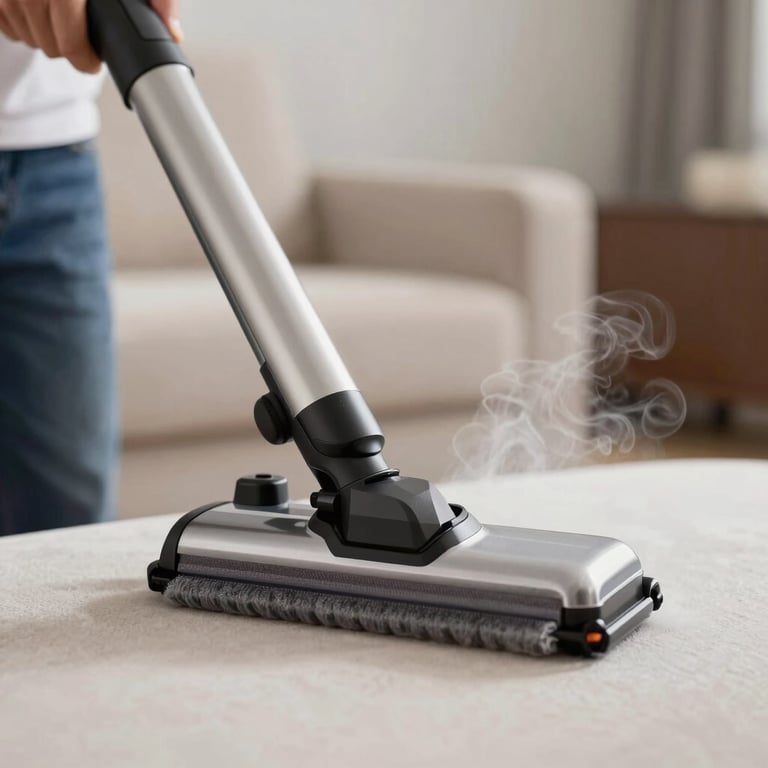 Close-up of a steam cleaner being used on high-end upholstery, showing the steam rising and the deep cleaning process in action.