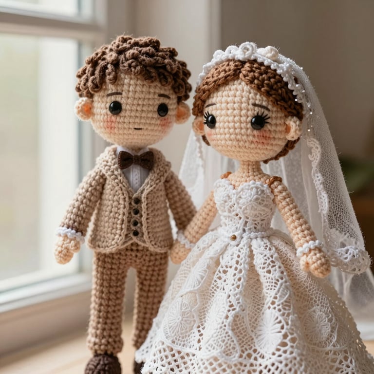 Close-up macro shot of a custom crochet bride and groom doll side-by-side, highlighting the tight hand-tensioned stitches and delicate lace dress details, warm editorial photography, soft window light, 35mm