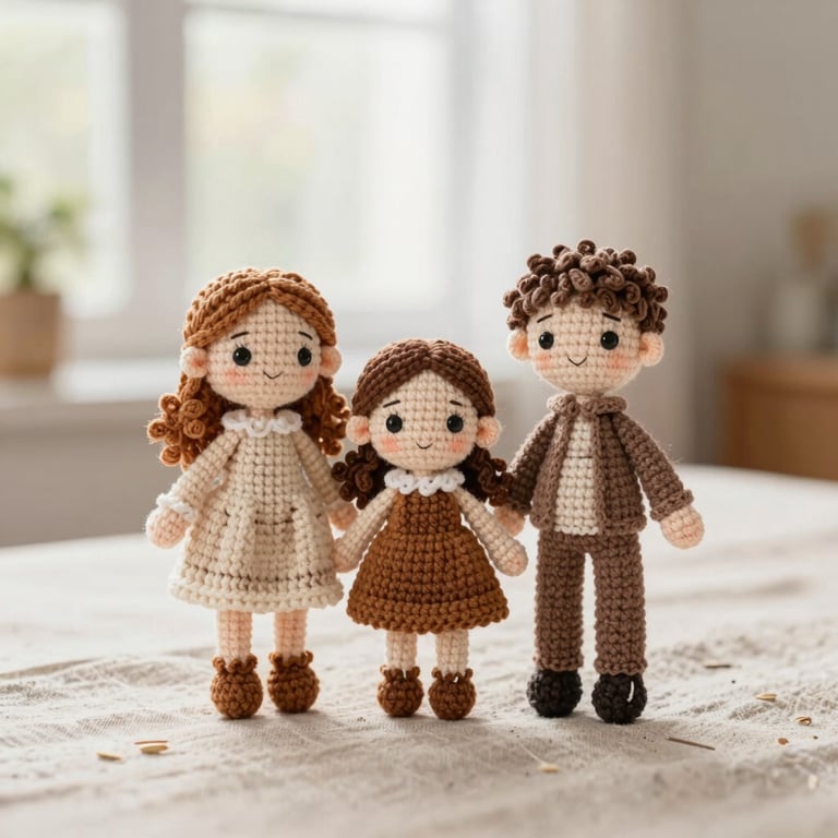 Warm editorial photography of a custom crochet family doll set of three figures standing on an oatmeal-colored linen surface, soft natural light, shallow depth of field