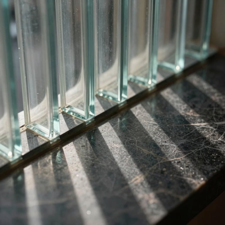 Detailed macro crop of architectural materiality, light refracting through fluted glass panels onto a dark marble surface, precise shadow definition.