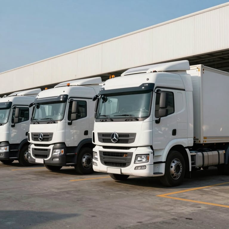 Fleet of pristine white furg3n trucks parked outside a modern logistics hub under a clear sky.