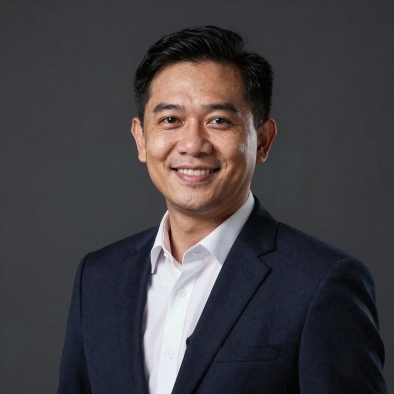 Professional headshot of a friendly Indonesian car sales consultant, soft studio lighting, clean dark background
