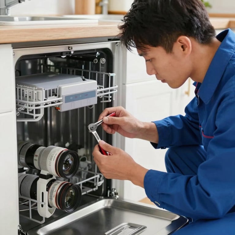 Medium shot of a professional technician in a blue uniform repairing a dishwasher control panel, natural kitchen lighting, focused hands holding tools.