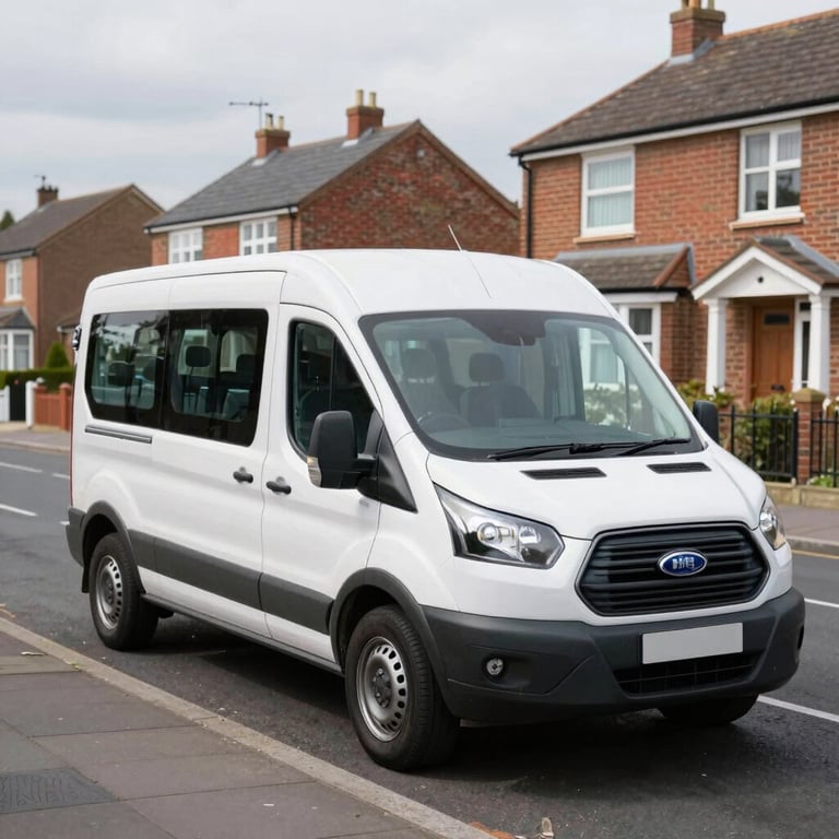 Close environmental shot from street level, a clean modern dark minibus pulled up to a residential front door in a Liverpool suburb at early morning, boot open, a large suitcase being loaded, soft daylight, quiet residential street visible in background