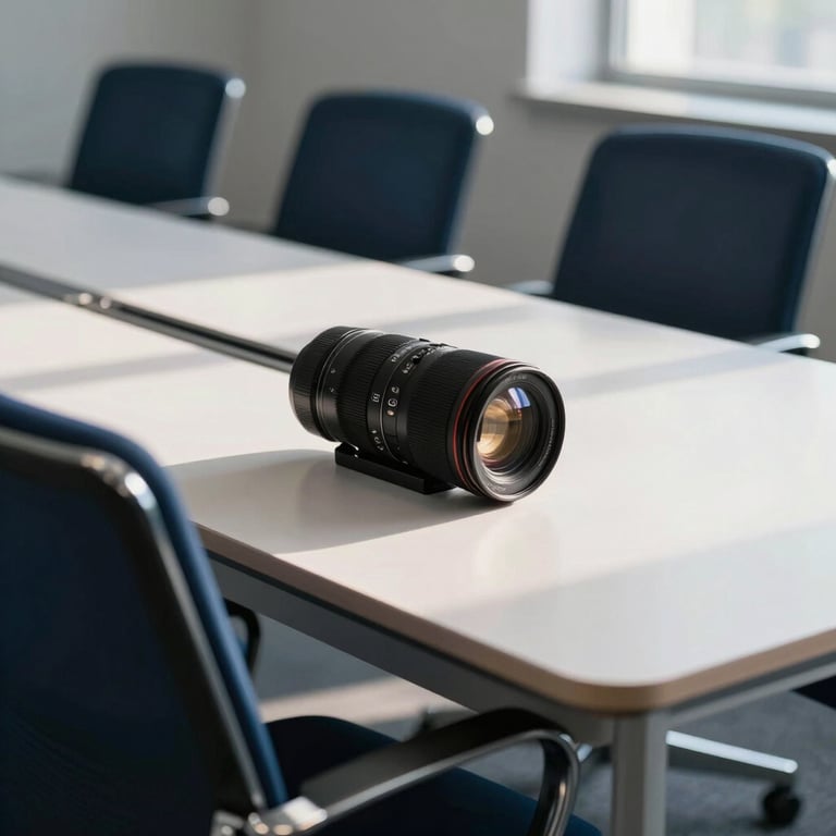 Close-up of a high-tech conference room with dark blue chairs and a sleek white table, lit by soft morning sun.