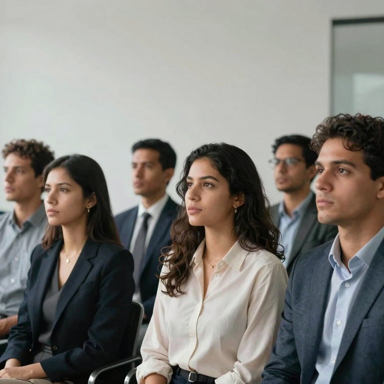 A group of diverse Brazilian professionals looking forward confidently in a minimalist corporate environment.