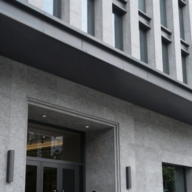 Architectural detail of a modern corporate entrance featuring clean lines and gray tones, suggesting authority.