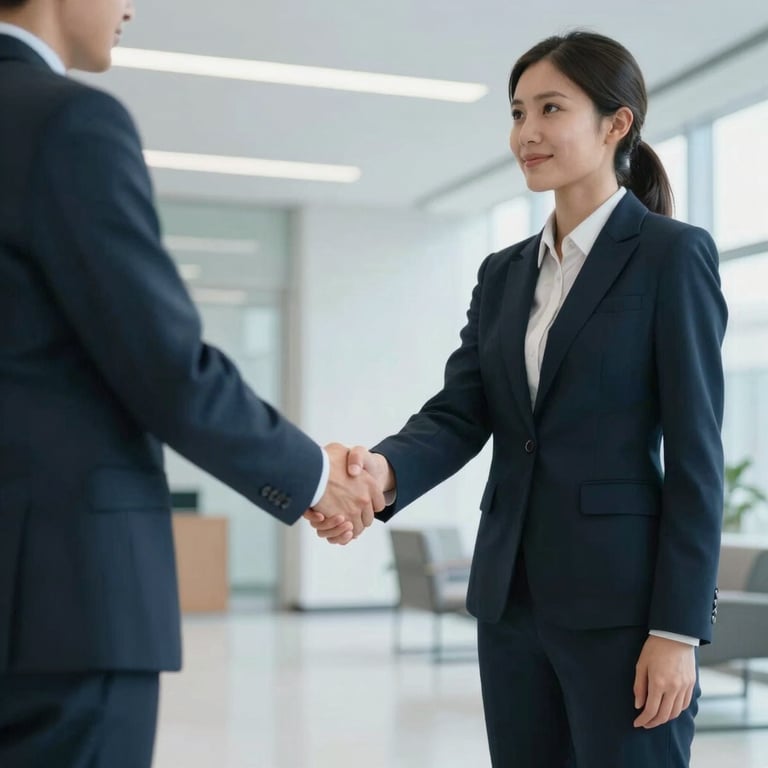 Two professionals in business attire shaking hands in a bright, clean lobby with soft light blue lighting.