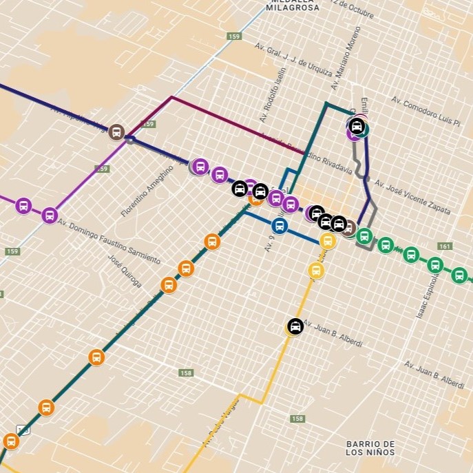 Mapa con los recorridos de colectivos y sus paradas hacia los destinos turisticos de San Rafael