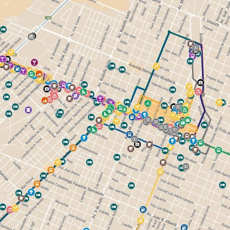 Mapa completo San Rafael, con ubicacion de restaurantes, agencias de turismo, hoteles y más.