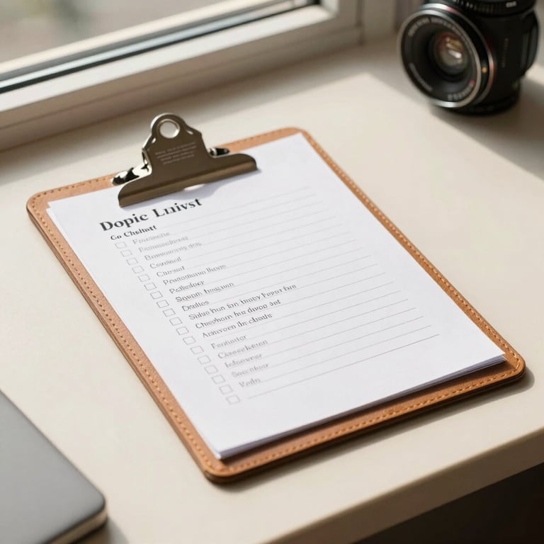 A physical leather clipboard with a printed checklist on a warm cream counter, soft morning window light highlighting the texture of the paper and leather.