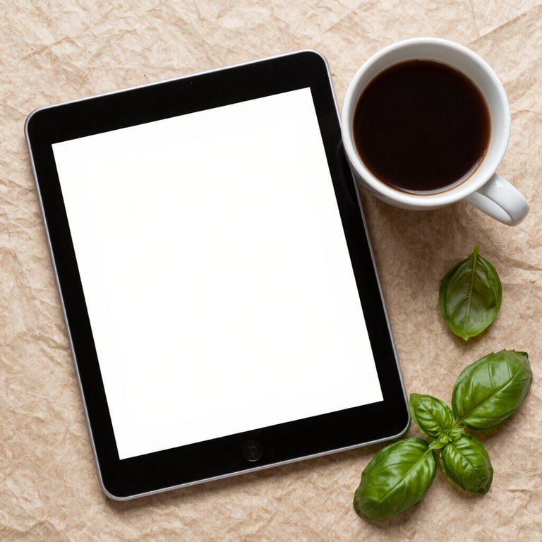 A flat lay on a Crisp Parchment surface featuring a digital tablet, a cup of dark coffee, and fresh basil leaves.