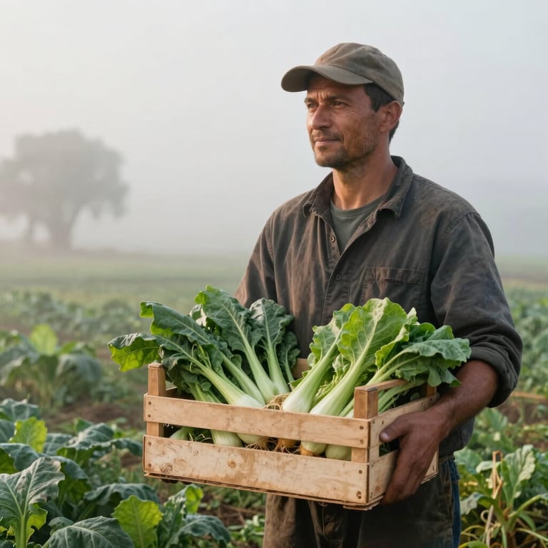 A local farmer holding a crate of fresh green vegetables in a misty morning field, Northern European / North American landscape, soft natural light.