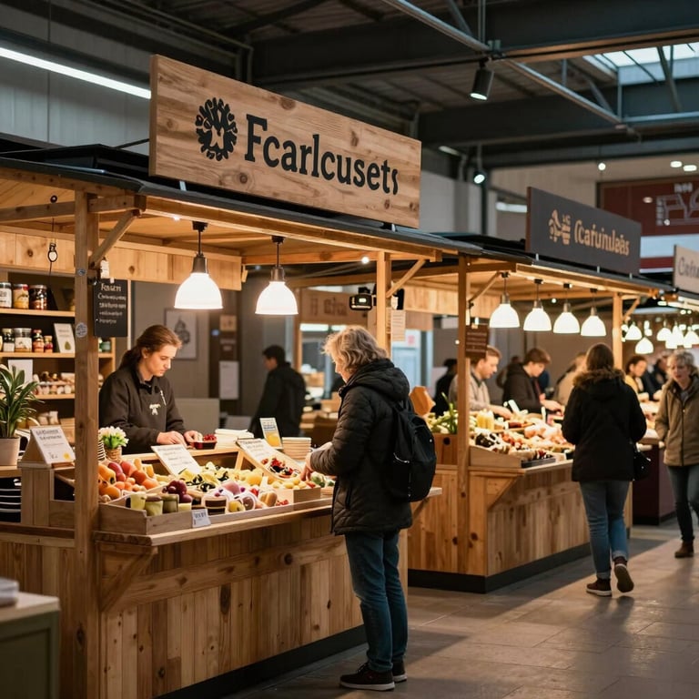 A bustling modern food market with wooden stalls and artisanal signage, warm interior lighting, Northern European / North American style.
