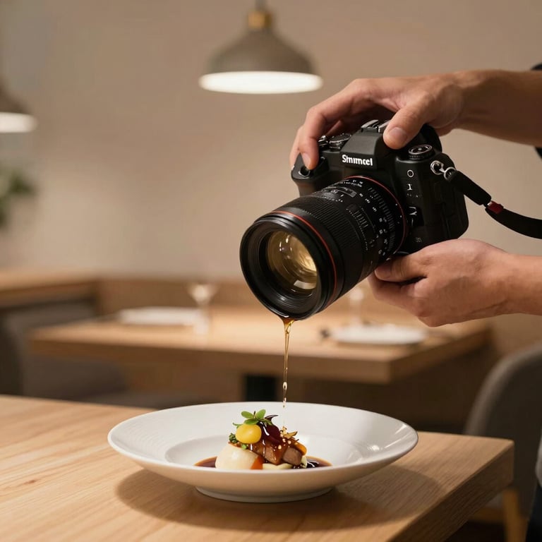 A professional camera setup capturing a chef plating a gourmet dish in a cozy, minimalist restaurant interior with warm lighting.