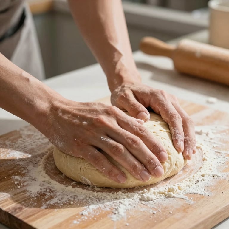 Detailed close-up of hands kneading artisanal bread dough on a wooden surface in a sunlit kitchen with flour dust in the air.