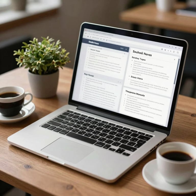 A social media manager's workspace featuring a laptop showing content strategies next to a small potted plant and an espresso cup.