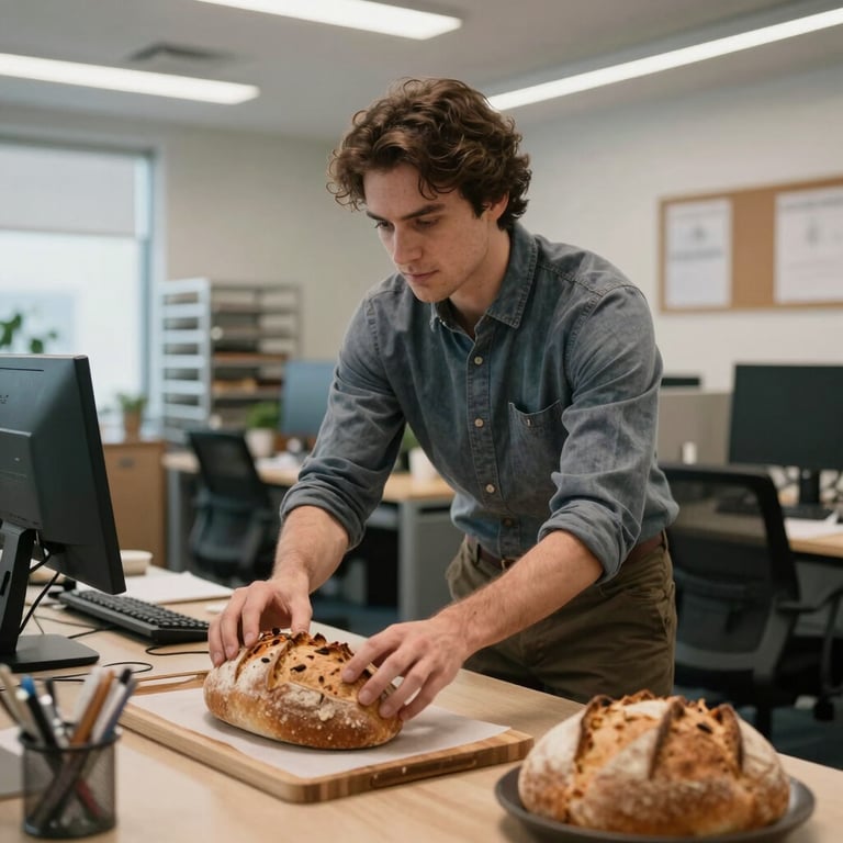 A professional in a North American / Western office space carefully arranging artisanal bread for a social media photo shoot.