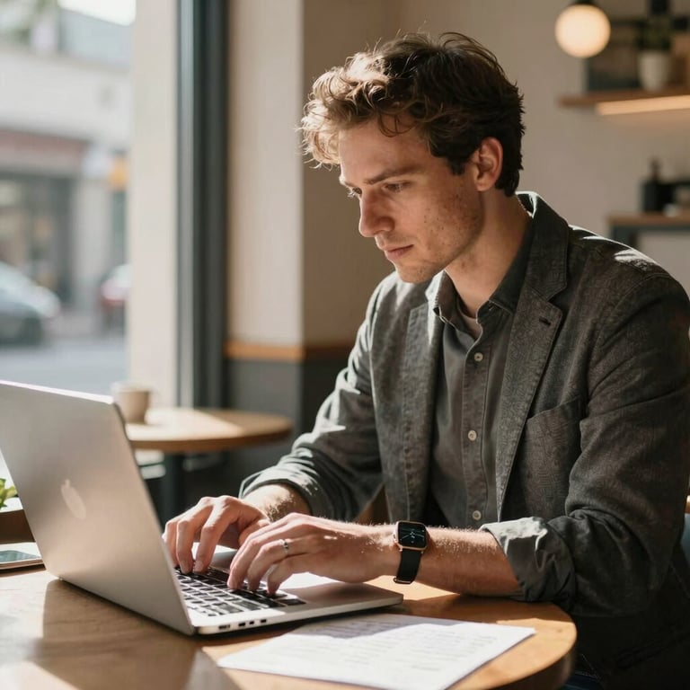 A marketing strategist working on a laptop in a sunlit North American / Western cafe, planning a content calendar for a local food market.