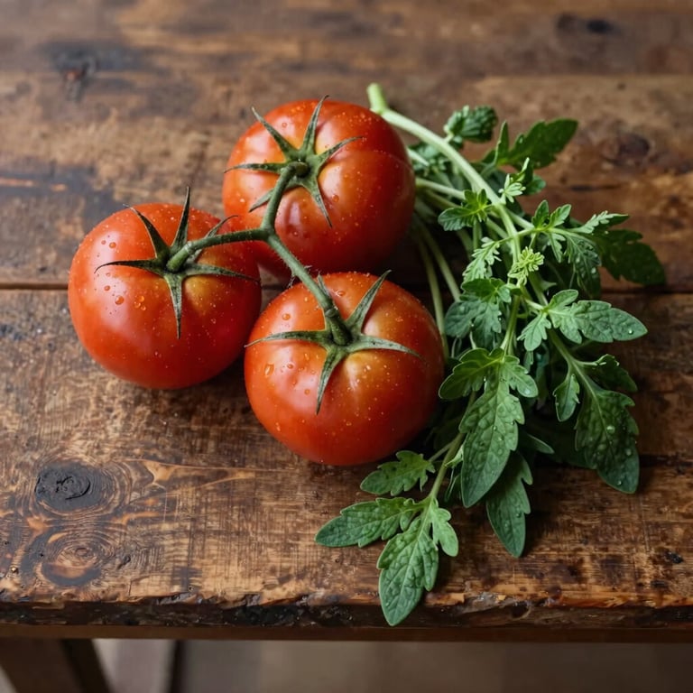 A top-down shot of a rustic North American / Western farm table featuring fresh tomatoes and Matte Forest Green herbs, warm soft lighting.