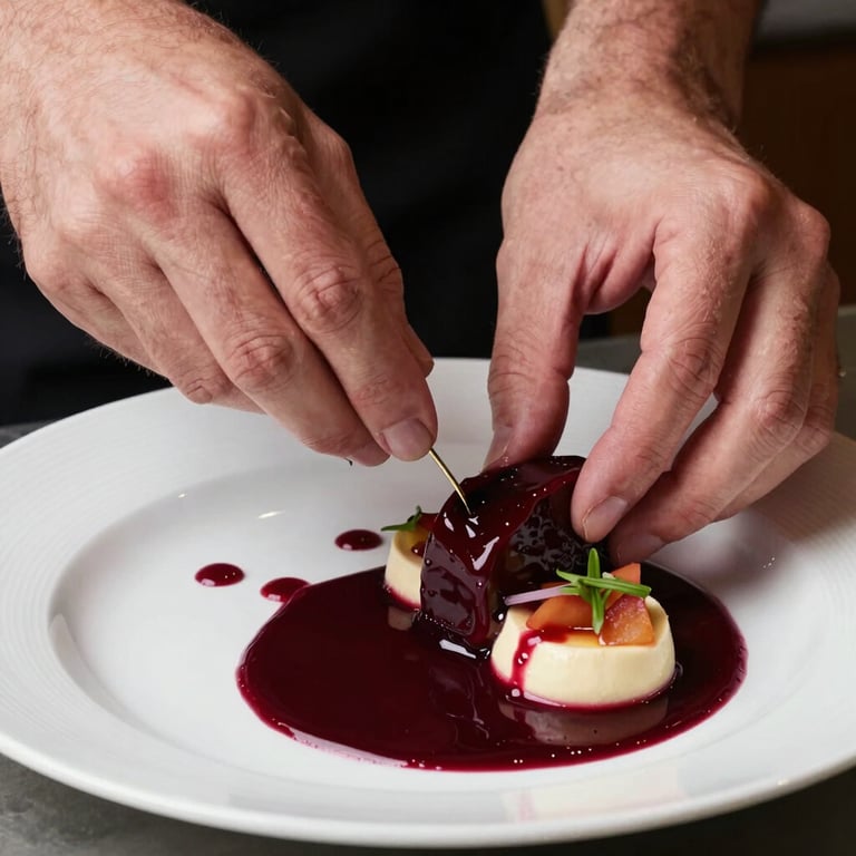 Close-up of hands in a North American / Western kitchen garnishing a gourmet plate, with Deep Ripe Crimson sauce highlights.