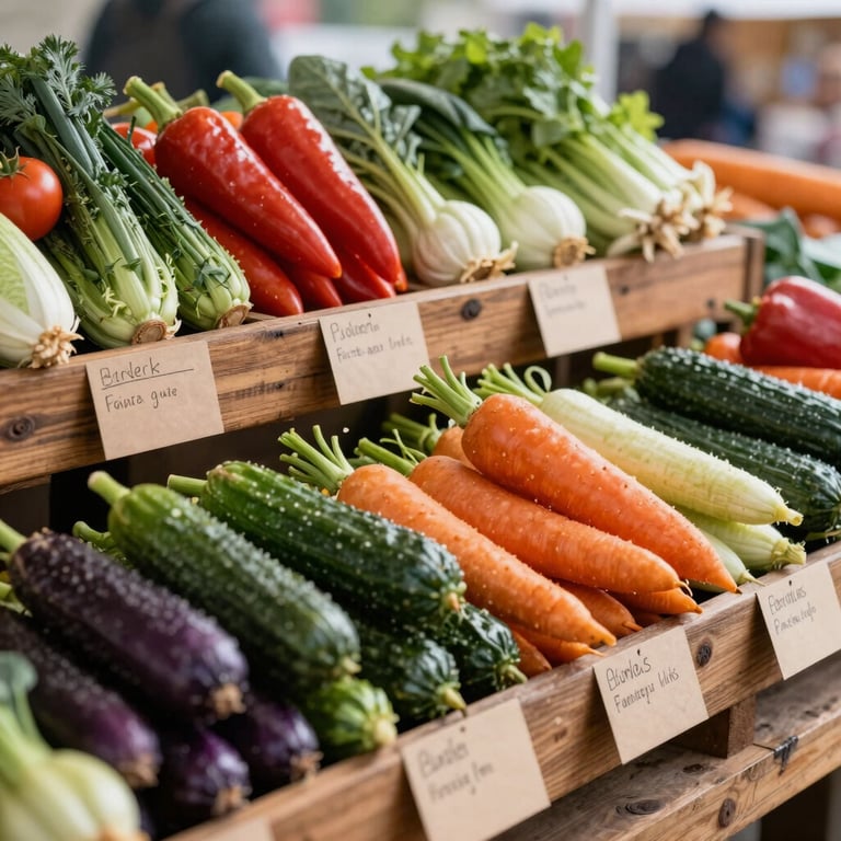 An outdoor North American / Western farmers market stall with vibrant vegetables, styled with Crisp Parchment labels and rustic wood.