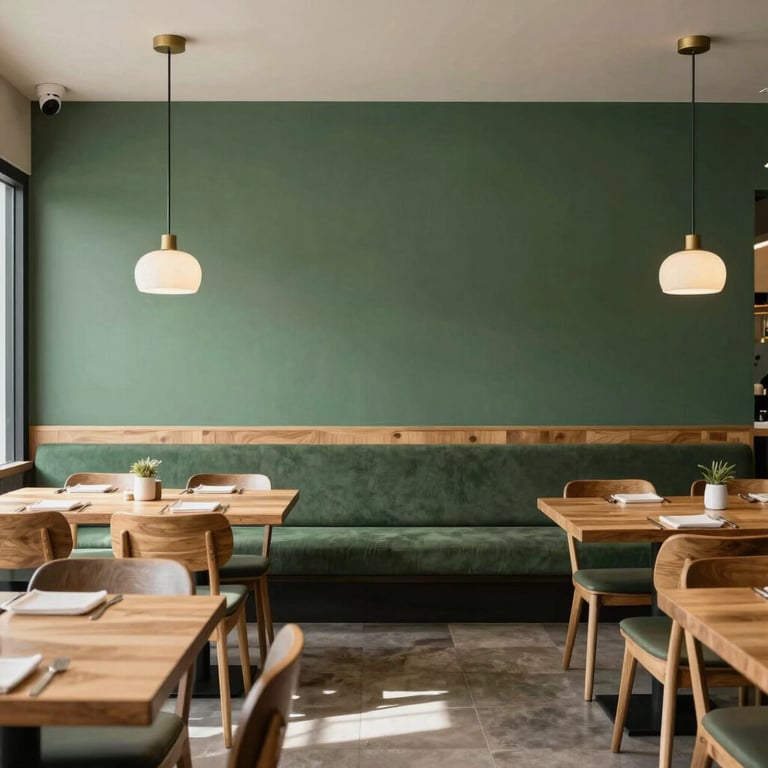 A modern North American / Western restaurant interior with Matte Forest Green walls and minimalist wooden furniture, soft morning light.