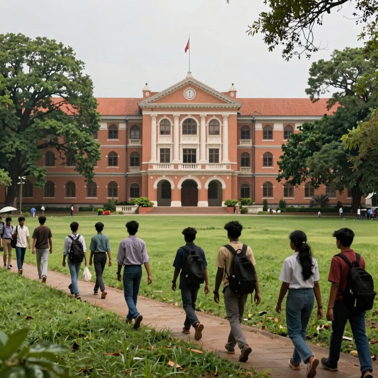 Photography of students walking on a lush, green university campus in Tamil Nadu with historic academic buildings in the back.