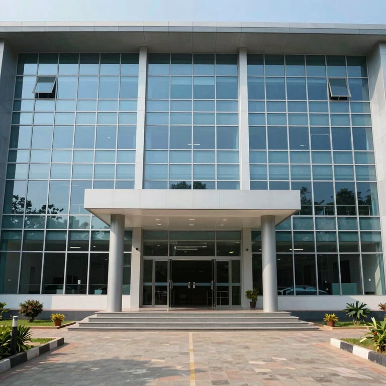 A wide shot of a contemporary engineering department building in Karnataka with large glass facades and a clean entrance.
