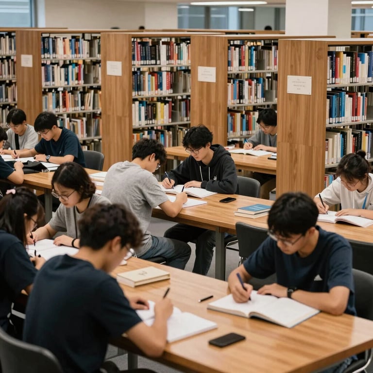 Detail of a university library with rows of books and students engaged in collaborative study at wooden tables.