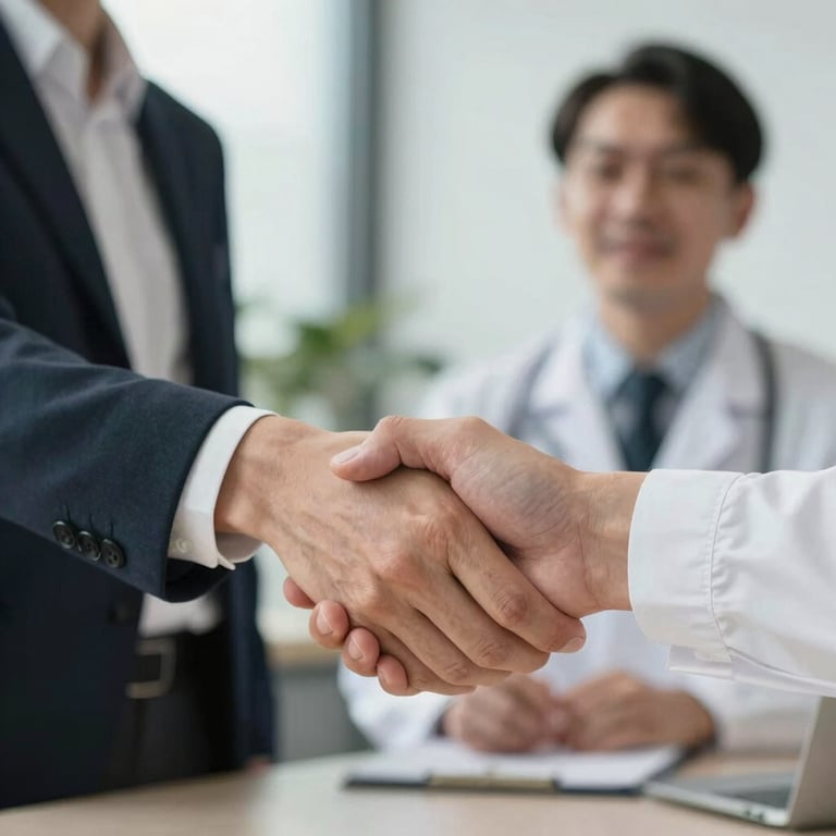 Close-up of a handshake between an expert consultant and a parent in a professional office environment, symbolizing trust.
