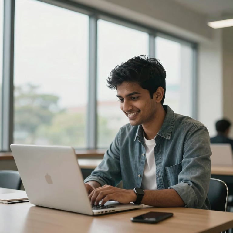 Photography of a South Asian / Indian student smiling while looking at a laptop in a modern study lounge with floor-to-ceiling windows.