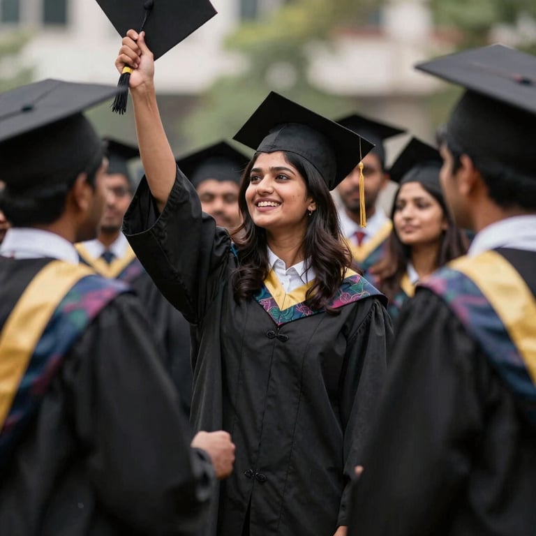 A professional graduation scene in South Asia, showing students in gowns celebrating their success with aspirational lighting.