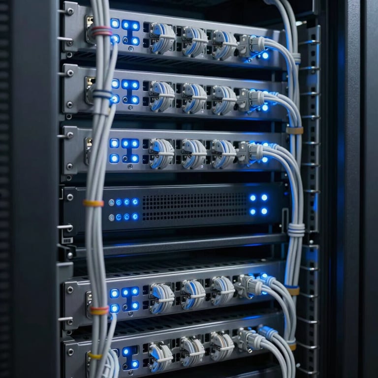 A perfectly organized server rack with glowing Soft Blue indicator lights and neatly managed structured cabling.