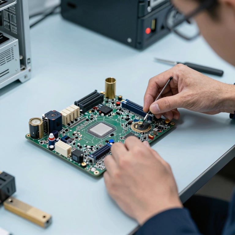 A technician carefully repairing a high-end computer motherboard on a clean, anti-static Pale Ice Blue workstation.