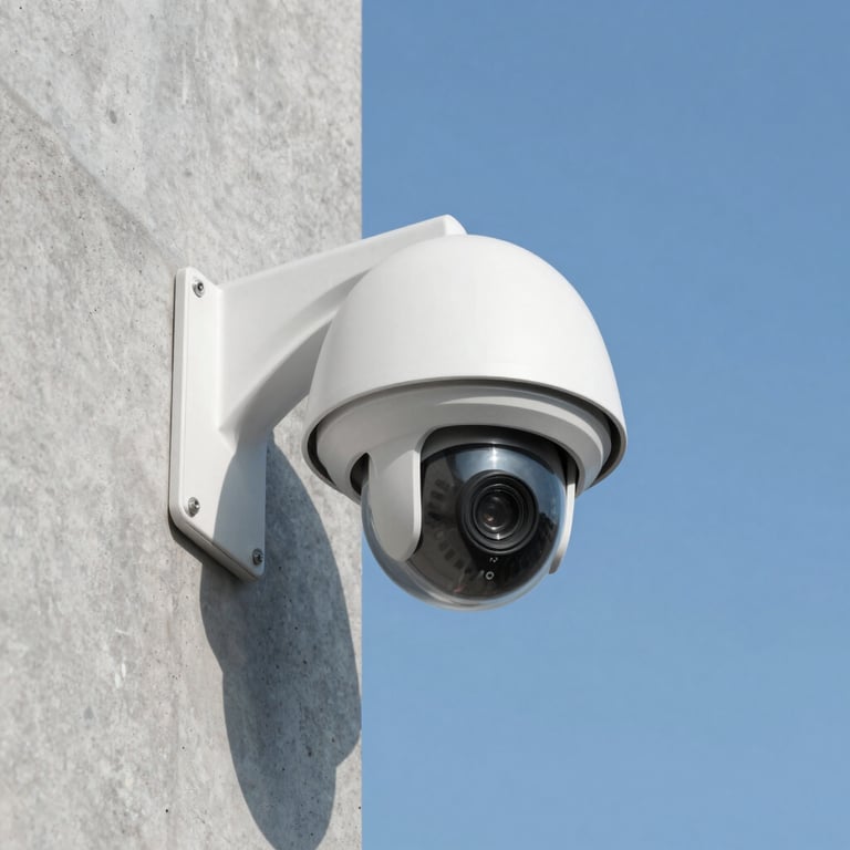 A sleek high-definition dome security camera mounted on a modern concrete wall against a clear Steel Blue sky.