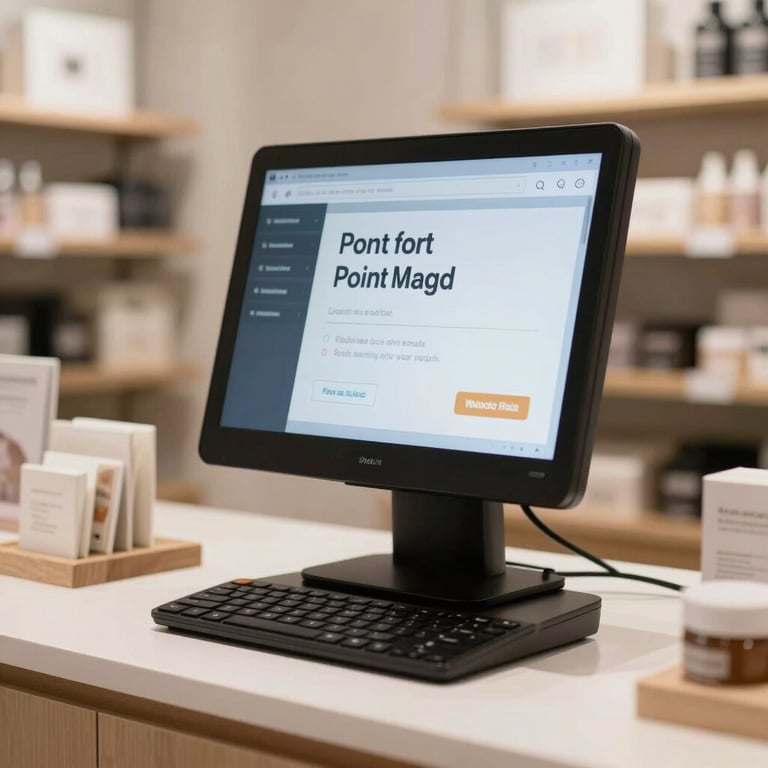 A modern retail point-of-sale terminal showing a clean interface in a brightly lit boutique environment.