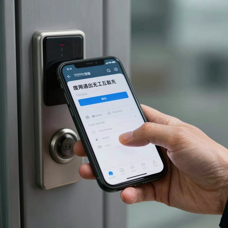 A close-up of a hand using a smartphone app to unlock a professional access control door in a commercial building.