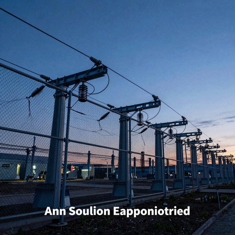 An industrial electric fence system protecting a large facility at dusk, with Steel Blue and Dark Navy Blue lighting.