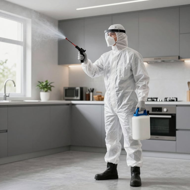 Technician in protective gear inspecting a modern Vashi home for pests.