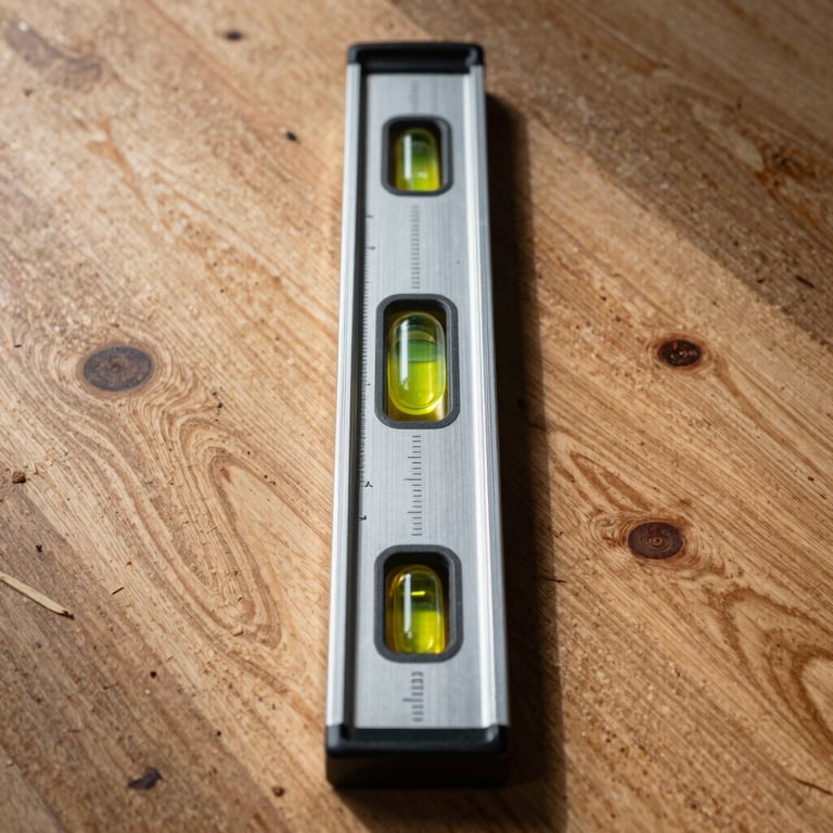 A professional grade level resting flat on a sanded plywood subfloor, showing a perfectly centered bubble indicator for level accuracy.