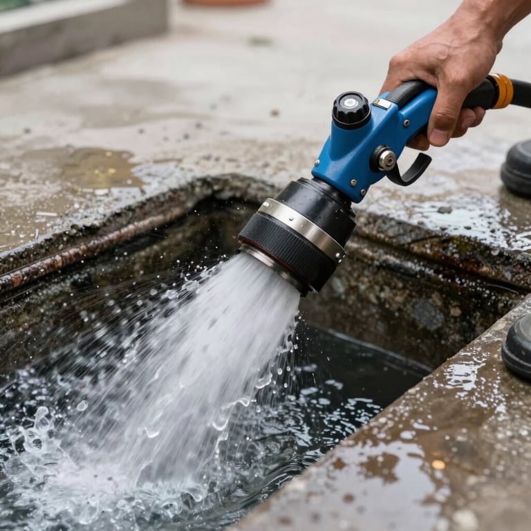 Action shot of a high-pressure sewer jetting process, showing clean water and professional mastery of tools.